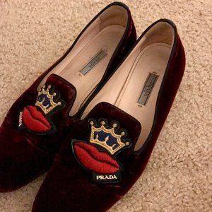 COPY - Prada Black Crown Lip Embroidered Velvet Loafers